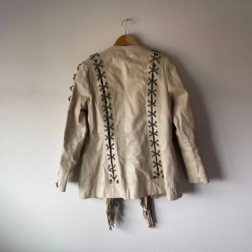 Vintage Lew Magram Collection White Fringe Western Pig Nappa Leather Jacket - Picture 6 of 12